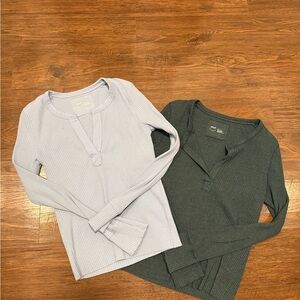 Aerie Ribbed Henley Tops - Light Blue and Dark Green